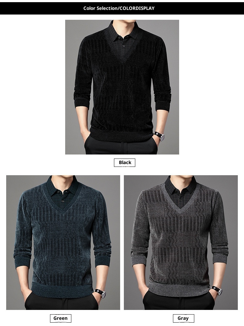 Maglione polo da uomo in pile di ciniglia spesso, due pezzi, autunno inverno, casual, con colletto rovesciato_voghion.com