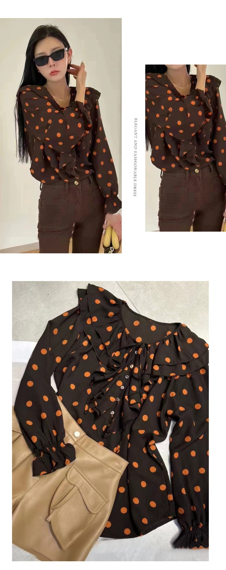 GraceChic GraceChic GraceChic Fashion Station 025 New European Goods Trendy Ruffled V-neck Polka Dot Long Sleeve Top Shirt Women's Unique Design_voghion.com