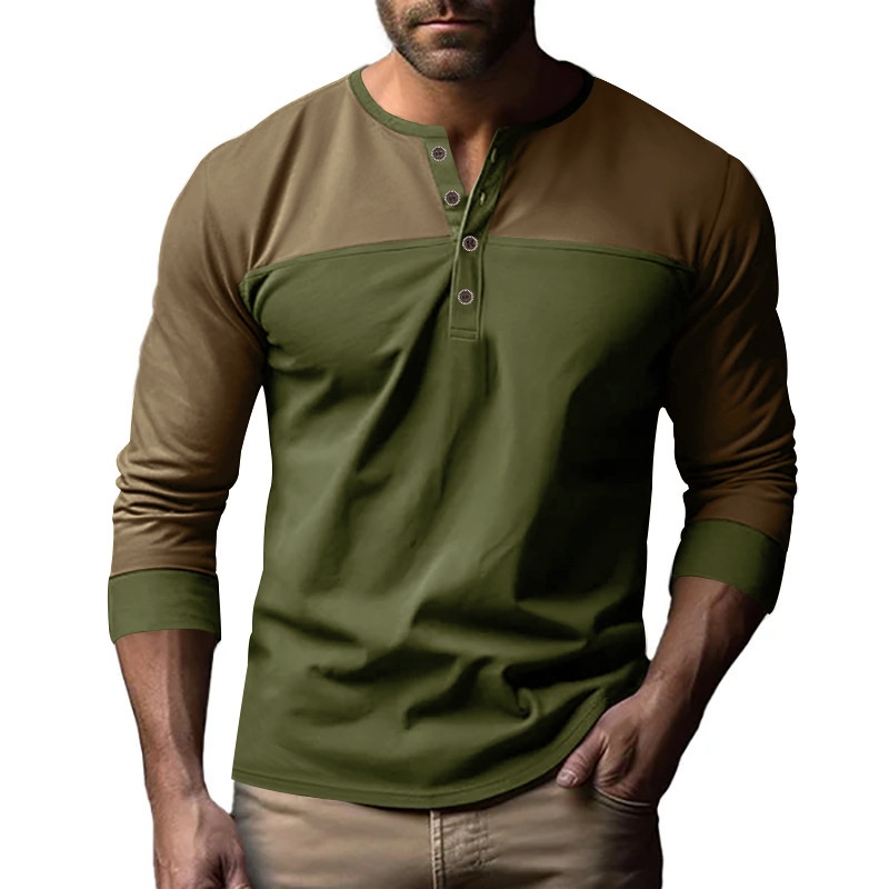001 Autumn New European Size American Retro Color Block Henry Collar Base Shirt Men's Long Sleeve T-Shirt_voghion.com