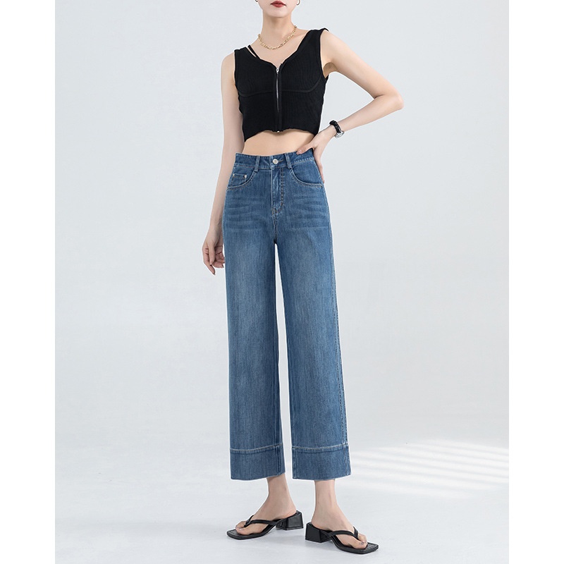 ChicShe Franse stijl jeans voor vrouwen 2025 zomer dunne hoge taille petite gedrapeerde broek cropped straight_voghion.com