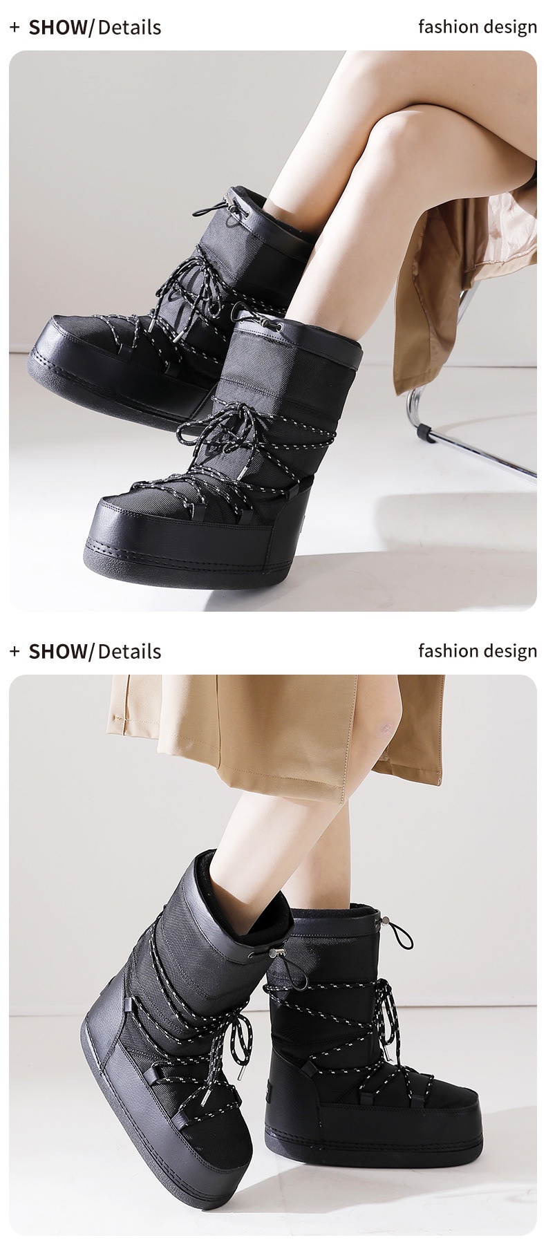 Zees Winter New Outdoor Space Shoes Ski Black Texture Thickened Warm Cool Style Cross-Border Large Size Snow Boots_voghion.com