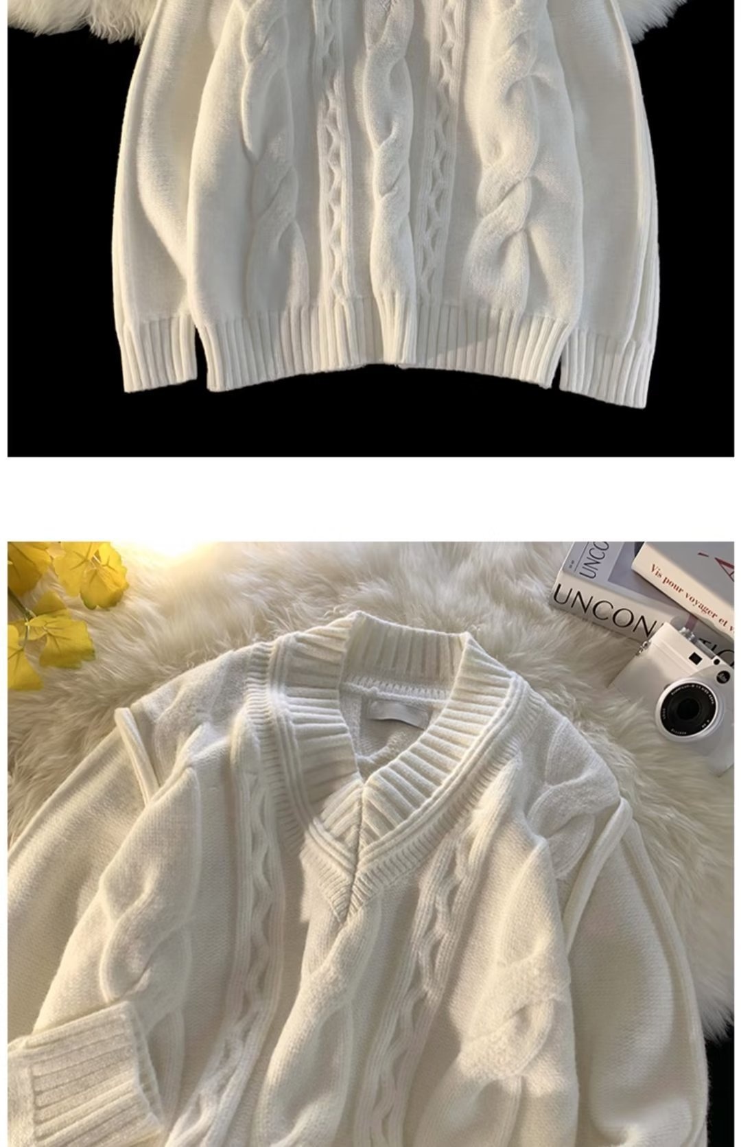 Pull Boy Boy blanc à col en V pour homme, en maille torsadée épaisse et 3D, style rétro tendance et décontracté._voghion.com