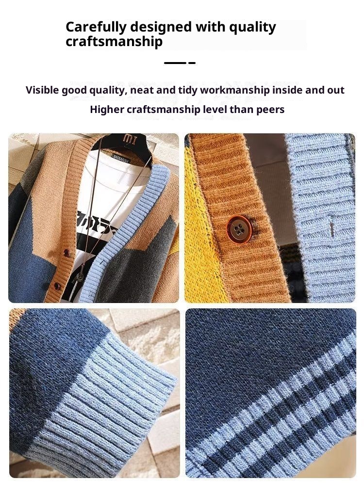 Erkek Çocuk Erkek Çocuk Hırka Sonbahar Kış Tasarım Anlayışı Niş V Yaka Örme Bol Dış Giyim Erkek Kaşmir Kazak Patchwork Ceket_voghion.com