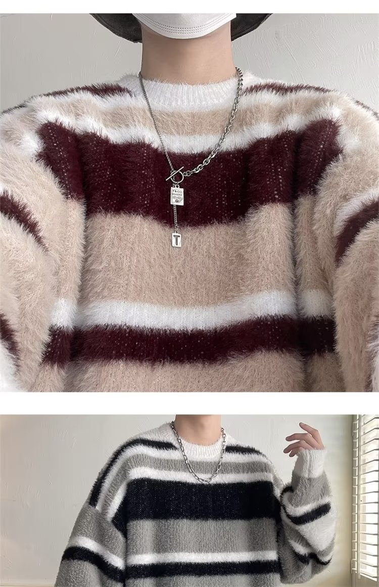 boy Boy Boy Soft Cozy Color-Block Striped Sweater For Men, New Autumn And Winter Round Neck Inner Layer, Warm Loose Base Knit Top_voghion.com