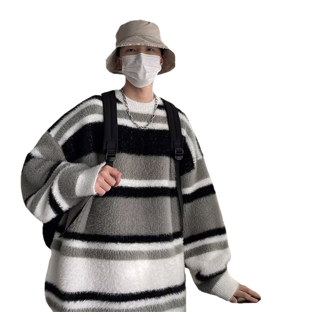 boy Boy Boy Soft Cozy Color-Block Striped Sweater For Men, New Autumn And Winter Round Neck Inner Layer, Warm Loose Base Knit Top_voghion.com