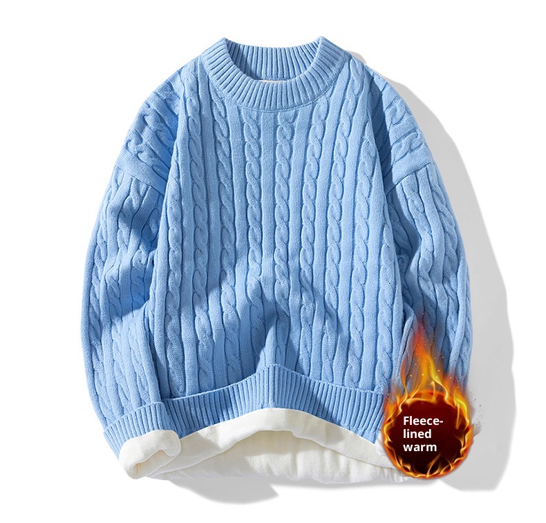 ragazzo ragazzo ragazzo con fodera in pile, nuova maglia base autunnale e invernale, maglione lavorato a maglia con trecce intrecciate a scollo rotondo, maglione lavorato a maglia da uomo_voghion.com