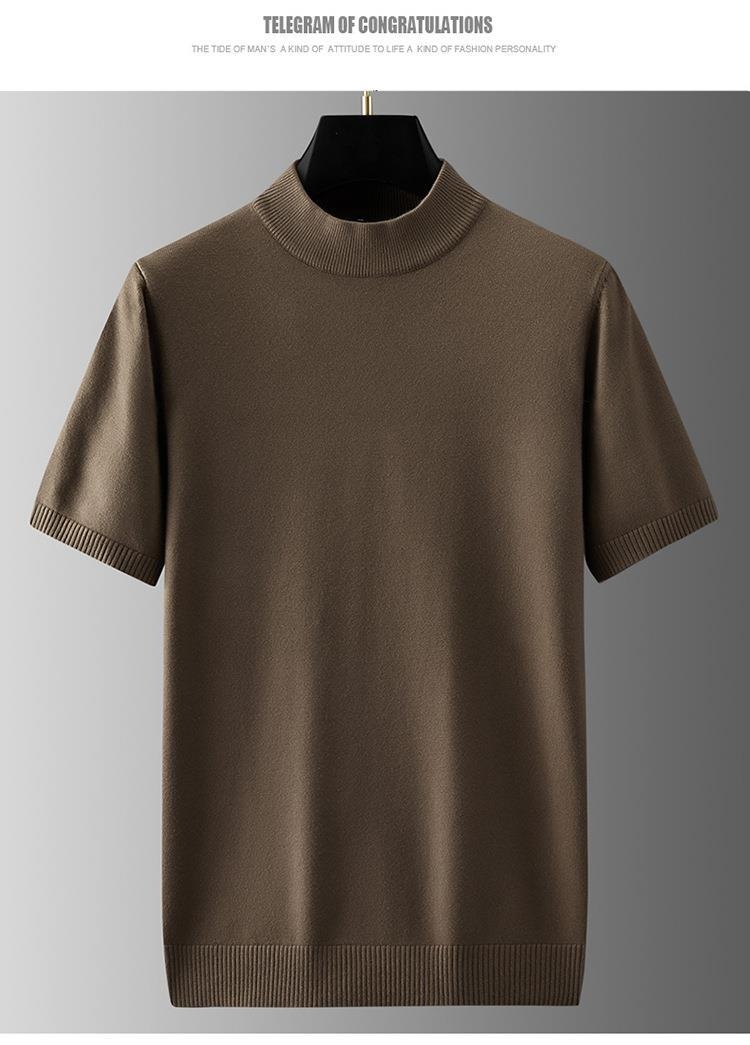 boy Boy Boy Turtleneck Men Half Sweater Solid Color Plus Size Fat Man Autumn Thin T-Shirt Short Sleeve Knitted Shirt_voghion.com