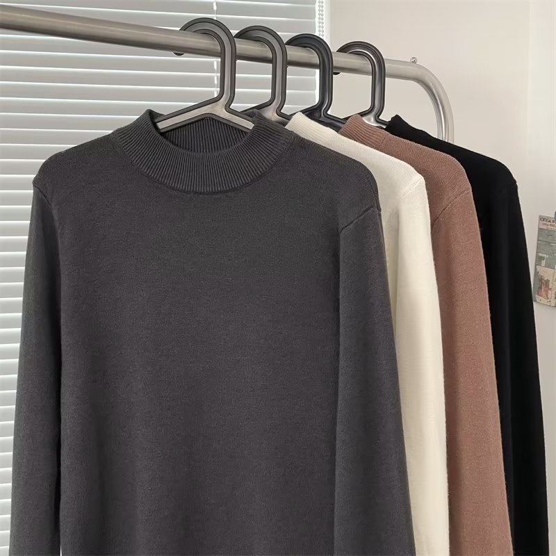 boy Boy Boy Autumn Winter Men's Korean Style Loose Casual Solid Color Mid-Neck Knitted Base Shirt Long Sleeve Inner Layer High-End_voghion.com