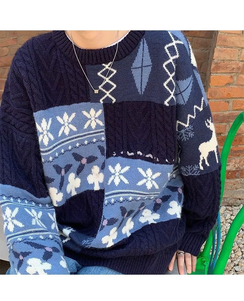 Pull cardigan style rétro américain pour homme, tendance hiver, ample et décontracté, patchwork, color block, maille torsadée_voghion.com