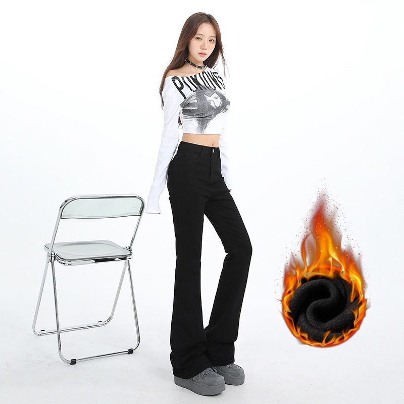 ChicShe Fleece-Lined Jeans Women, New American Style For Autumn And Winter, Petite Flared Black Slim Fit Slimming Bootcut Pants_voghion.com