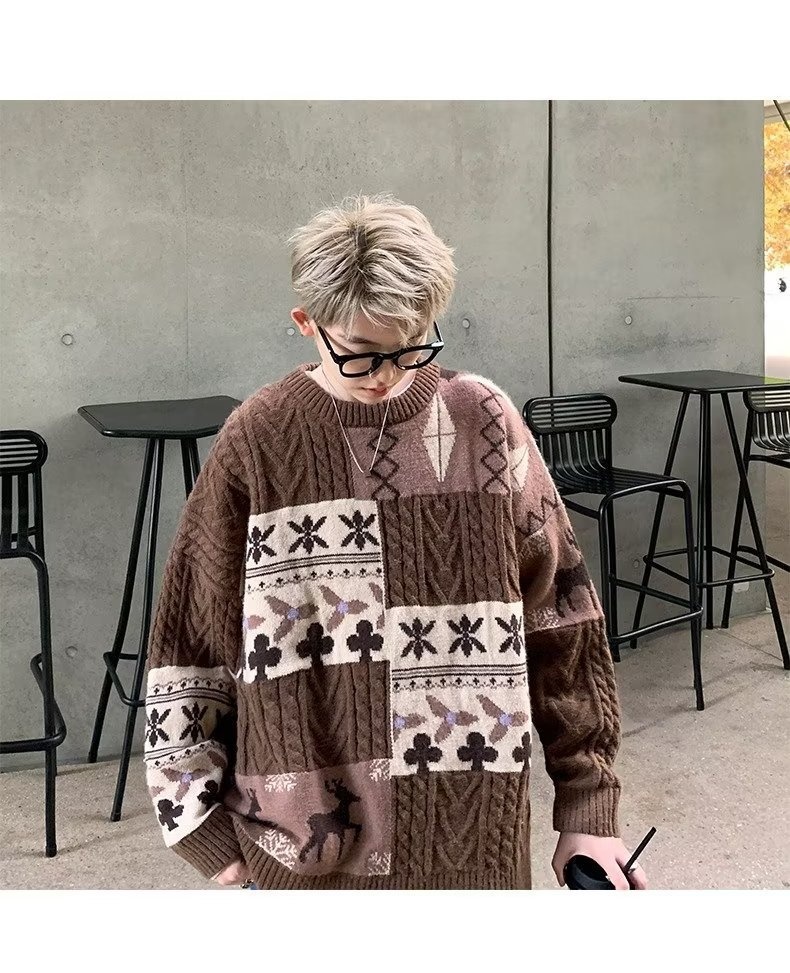 Pull cardigan style rétro américain pour homme, tendance hiver, ample et décontracté, patchwork, color block, maille torsadée_voghion.com