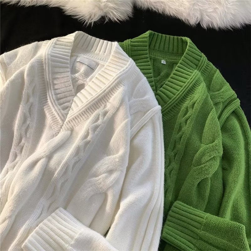 Pull Boy Boy blanc à col en V pour homme, en maille torsadée épaisse et 3D, style rétro tendance et décontracté._voghion.com