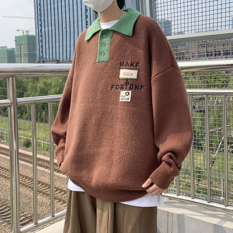 Boy Boy Boy Frühlingsfarbener Polo-Pullover mit Farbblock-Design für Herren, Trendiger Oversize-Strickpullover mit Retro-Label für Herbst und Winter, Künstlerisch_voghion.com