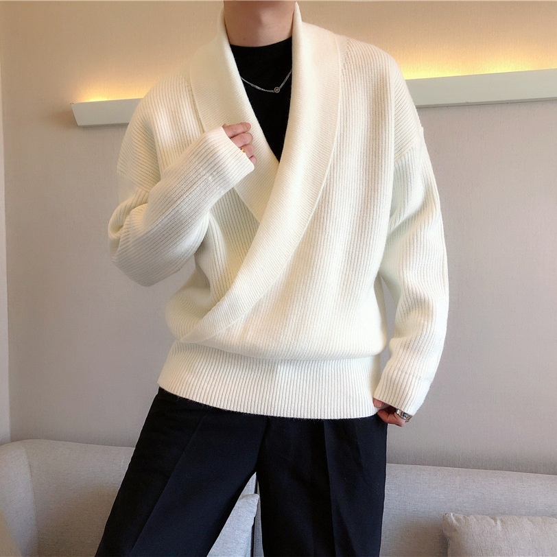 boy Boy Boy South Korea Autumn And Winter Solid Color Large V-Neck Draped Personality Men's Loose Lazy Style Casual Knitted Sweater_voghion.com
