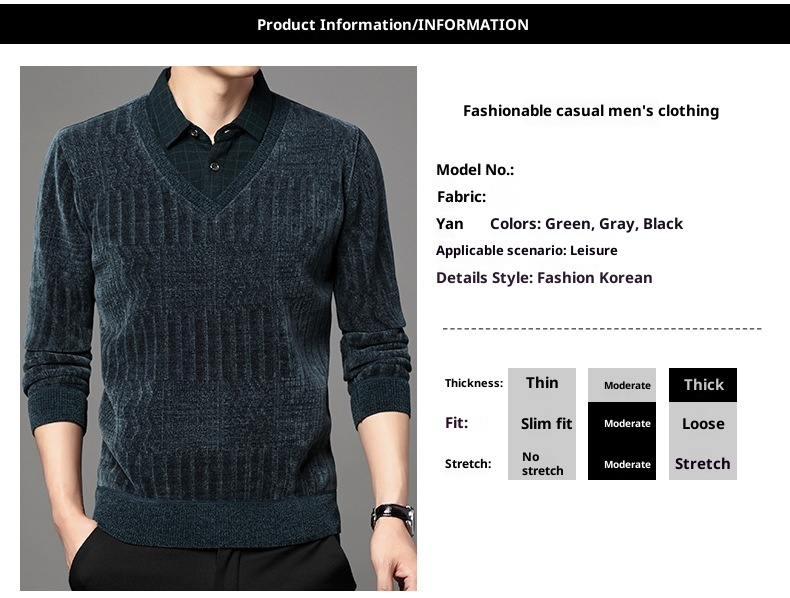 Maglione polo da uomo in pile di ciniglia spesso, due pezzi, autunno inverno, casual, con colletto rovesciato_voghion.com