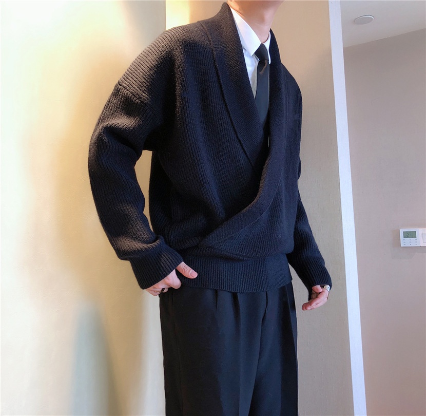 boy Boy Boy South Korea Autumn And Winter Solid Color Large V-Neck Draped Personality Men's Loose Lazy Style Casual Knitted Sweater_voghion.com