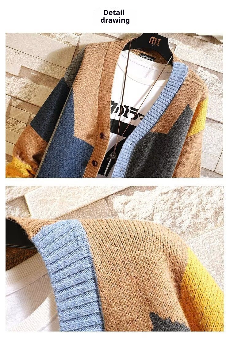 Erkek Çocuk Erkek Çocuk Hırka Sonbahar Kış Tasarım Anlayışı Niş V Yaka Örme Bol Dış Giyim Erkek Kaşmir Kazak Patchwork Ceket_voghion.com