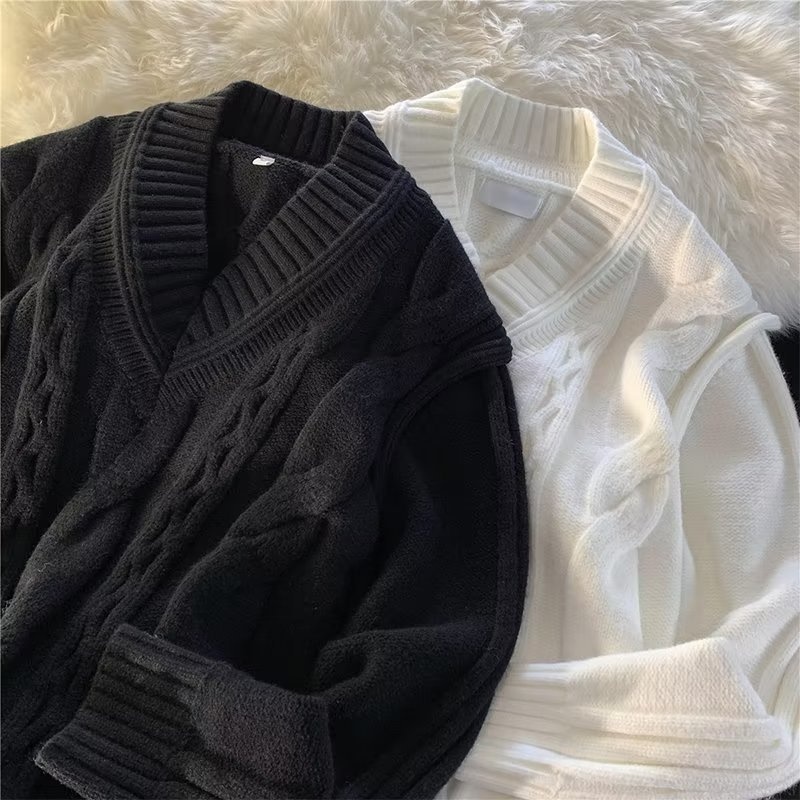 Pull Boy Boy blanc à col en V pour homme, en maille torsadée épaisse et 3D, style rétro tendance et décontracté._voghion.com