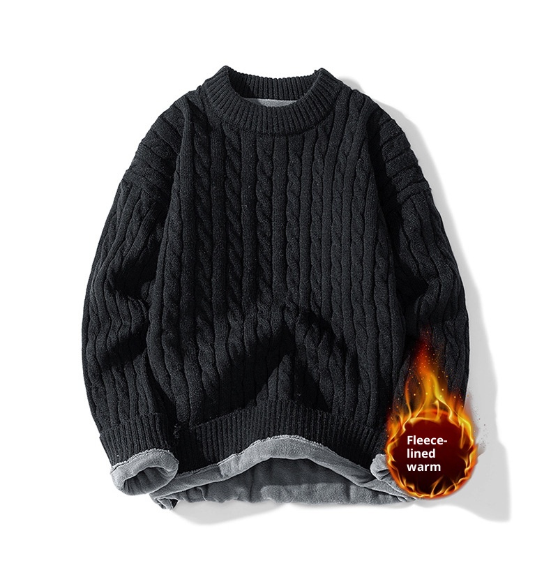 ragazzo ragazzo ragazzo con fodera in pile, nuova maglia base autunnale e invernale, maglione lavorato a maglia con trecce intrecciate a scollo rotondo, maglione lavorato a maglia da uomo_voghion.com