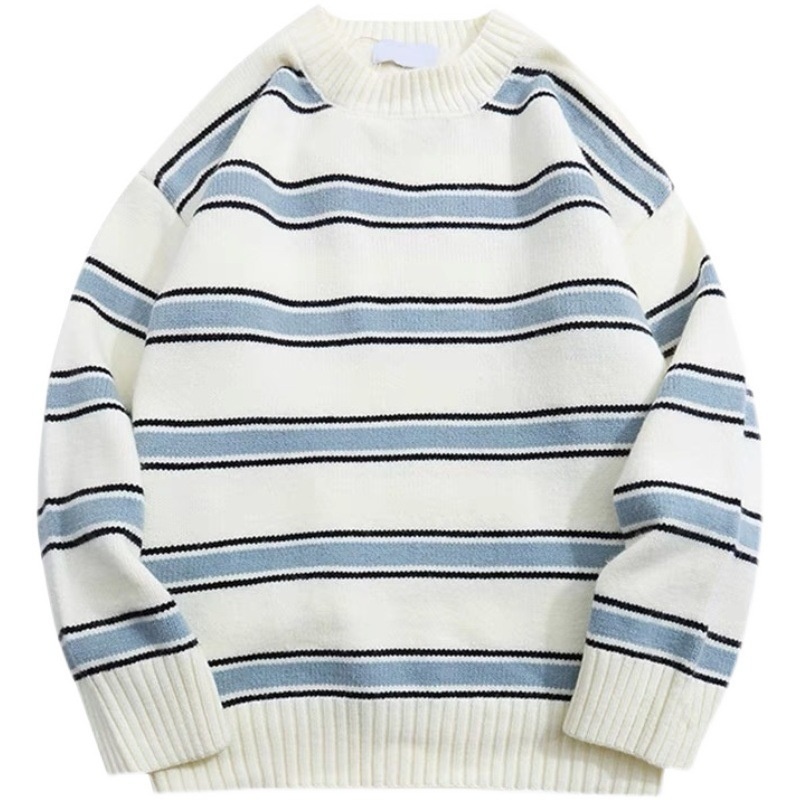 boy Boy Boy Striped Color Block Sweater Men's Autumn Winter Ins High Trend Loose Street Retro Hong Kong Style Round Neck Knitwear_voghion.com