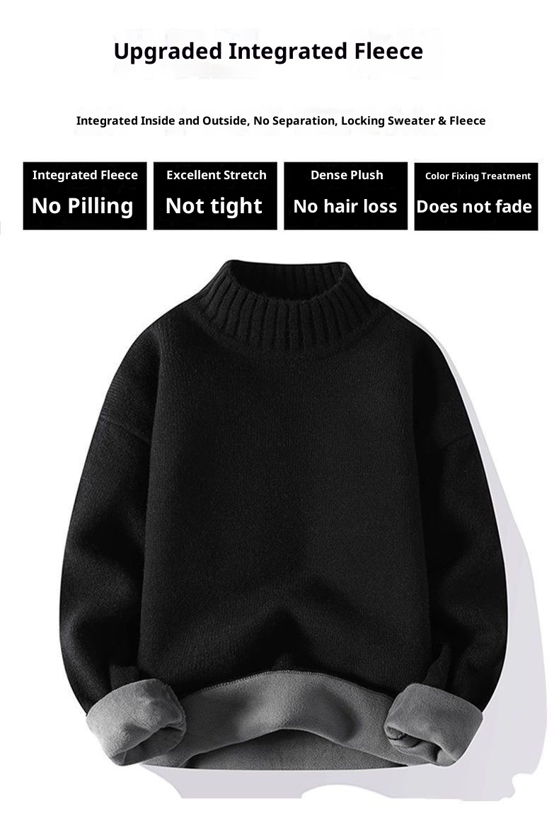 boy Boy Boy Half Turtleneck Sweater For Men, Fleece-Lined, Warm, Autumn And Base Layer, Men's Winter Solid Black Knitwear_voghion.com