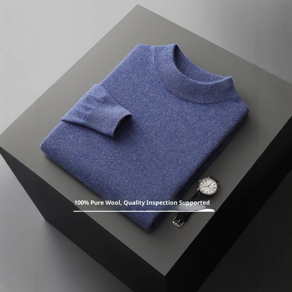 Herren-Strickpullover mit halbem Rollkragen, Herbst/Winter, aus reiner Wolle, einfarbig, dickwandig, stilvoll, Business-Look_voghion.com