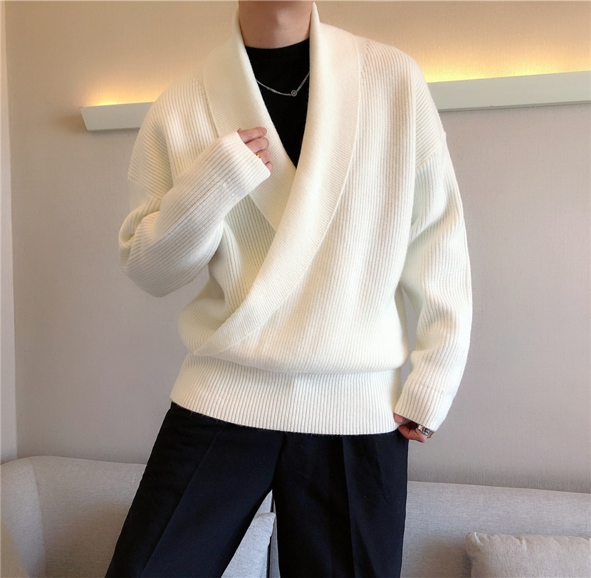 boy Boy Boy South Korea Autumn And Winter Solid Color Large V-Neck Draped Personality Men's Loose Lazy Style Casual Knitted Sweater_voghion.com