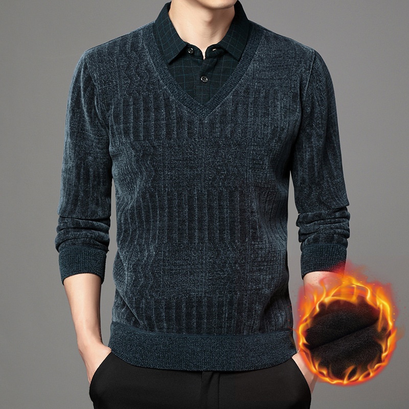 Maglione polo da uomo in pile di ciniglia spesso, due pezzi, autunno inverno, casual, con colletto rovesciato_voghion.com