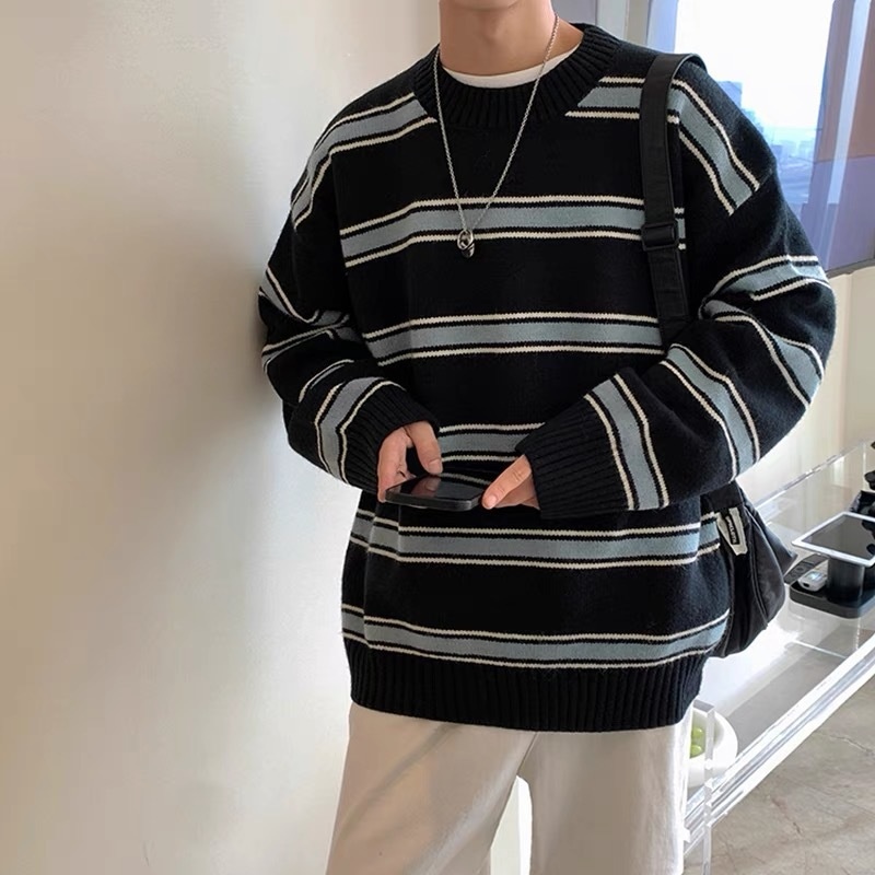 boy Boy Boy Striped Color Block Sweater Men's Autumn Winter Ins High Trend Loose Street Retro Hong Kong Style Round Neck Knitwear_voghion.com