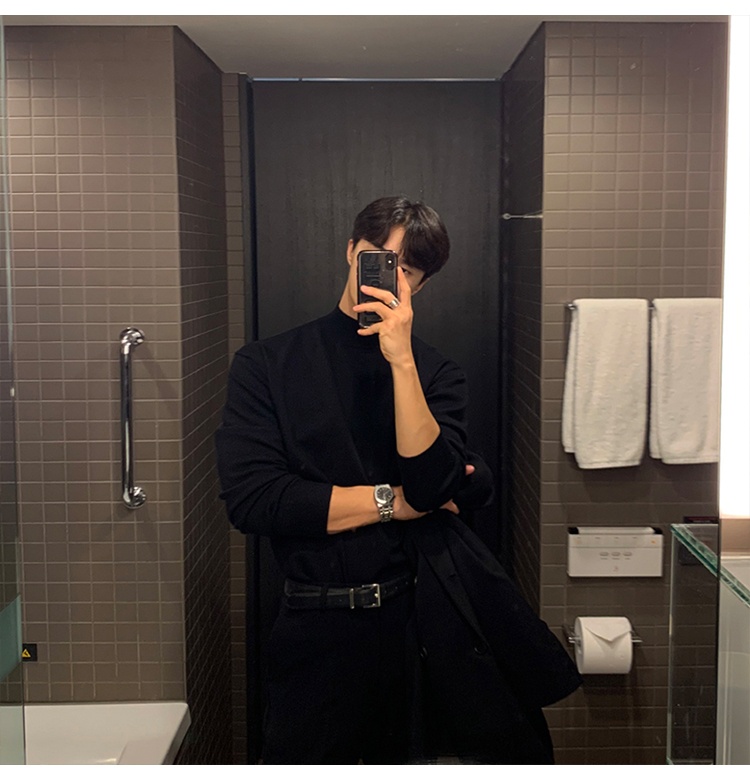 boy Boy Boy Autumn Winter Men's Korean Style Loose Casual Solid Color Mid-Neck Knitted Base Shirt Long Sleeve Inner Layer High-End_voghion.com