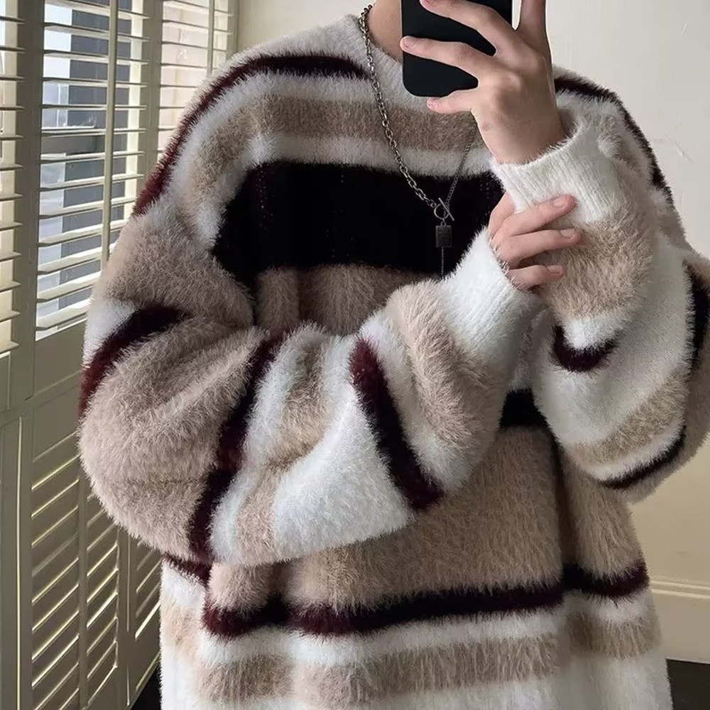 boy Boy Boy Soft Cozy Color-Block Striped Sweater For Men, New Autumn And Winter Round Neck Inner Layer, Warm Loose Base Knit Top_voghion.com