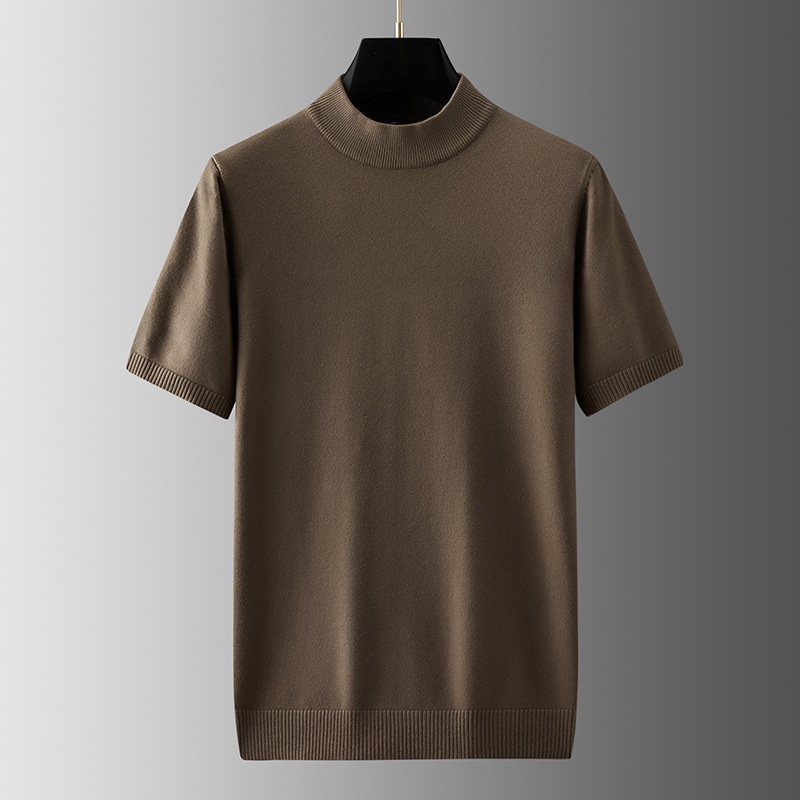 boy Boy Boy Turtleneck Men Half Sweater Solid Color Plus Size Fat Man Autumn Thin T-Shirt Short Sleeve Knitted Shirt_voghion.com