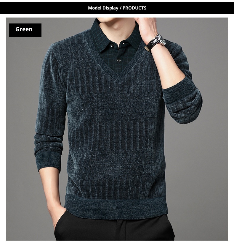 Maglione polo da uomo in pile di ciniglia spesso, due pezzi, autunno inverno, casual, con colletto rovesciato_voghion.com