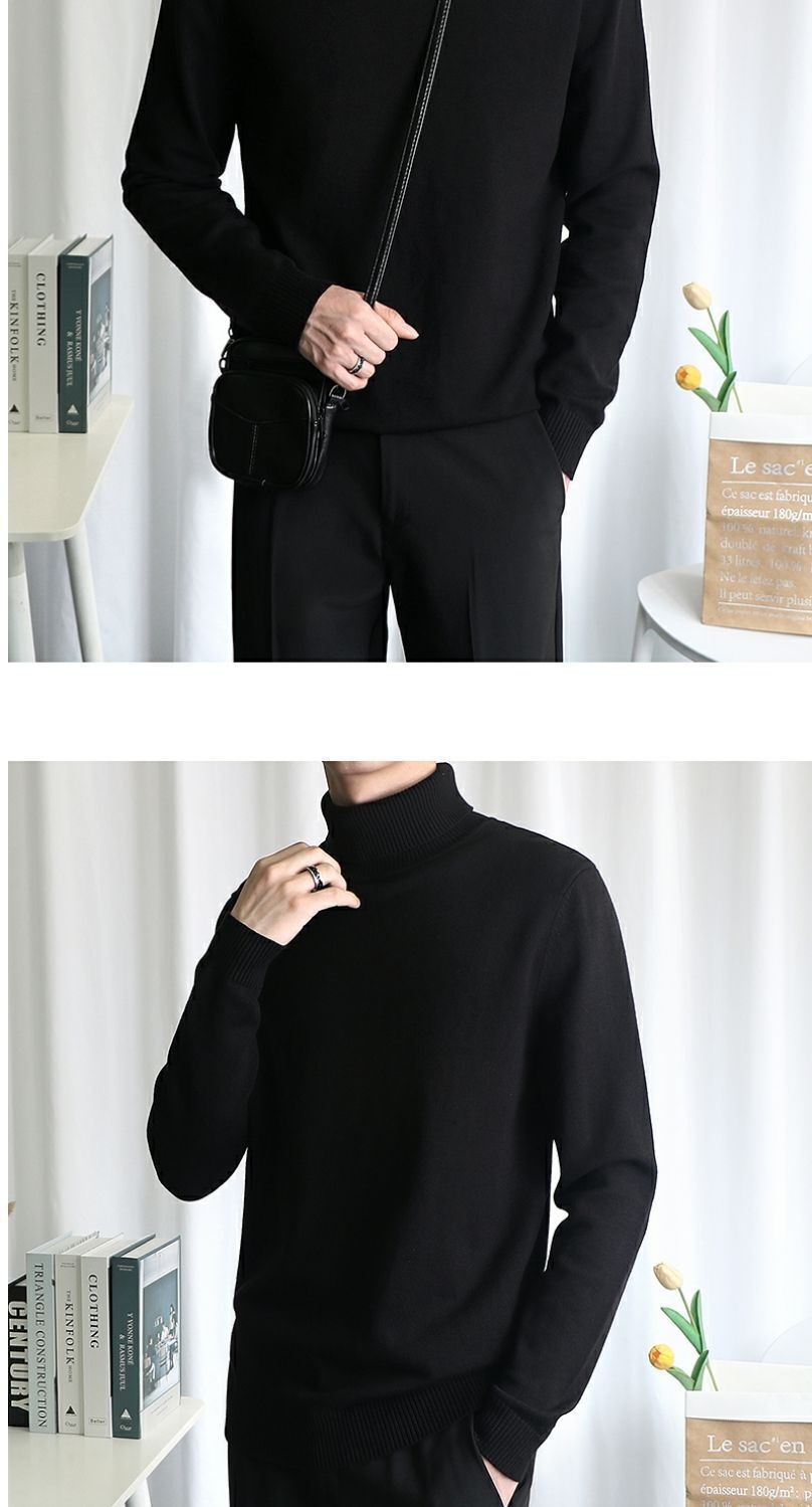 Maglione lavorato a maglia a collo alto da uomo, stile coreano, alla moda, vestibilità slim, nero, autunno inverno, strato interno, da uomo_voghion.com