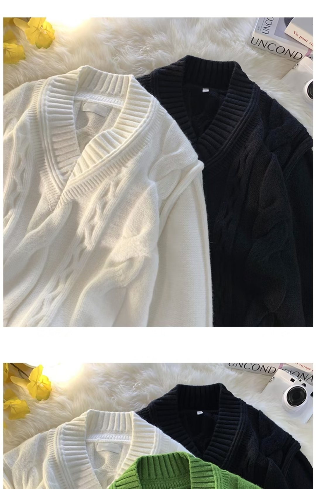 Pull Boy Boy blanc à col en V pour homme, en maille torsadée épaisse et 3D, style rétro tendance et décontracté._voghion.com