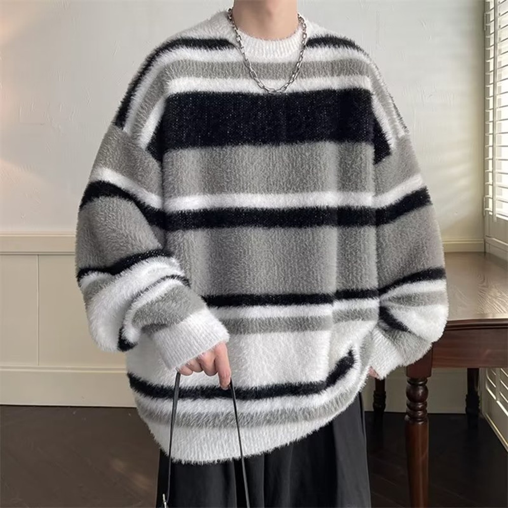 boy Boy Boy Soft Cozy Color-Block Striped Sweater For Men, New Autumn And Winter Round Neck Inner Layer, Warm Loose Base Knit Top_voghion.com