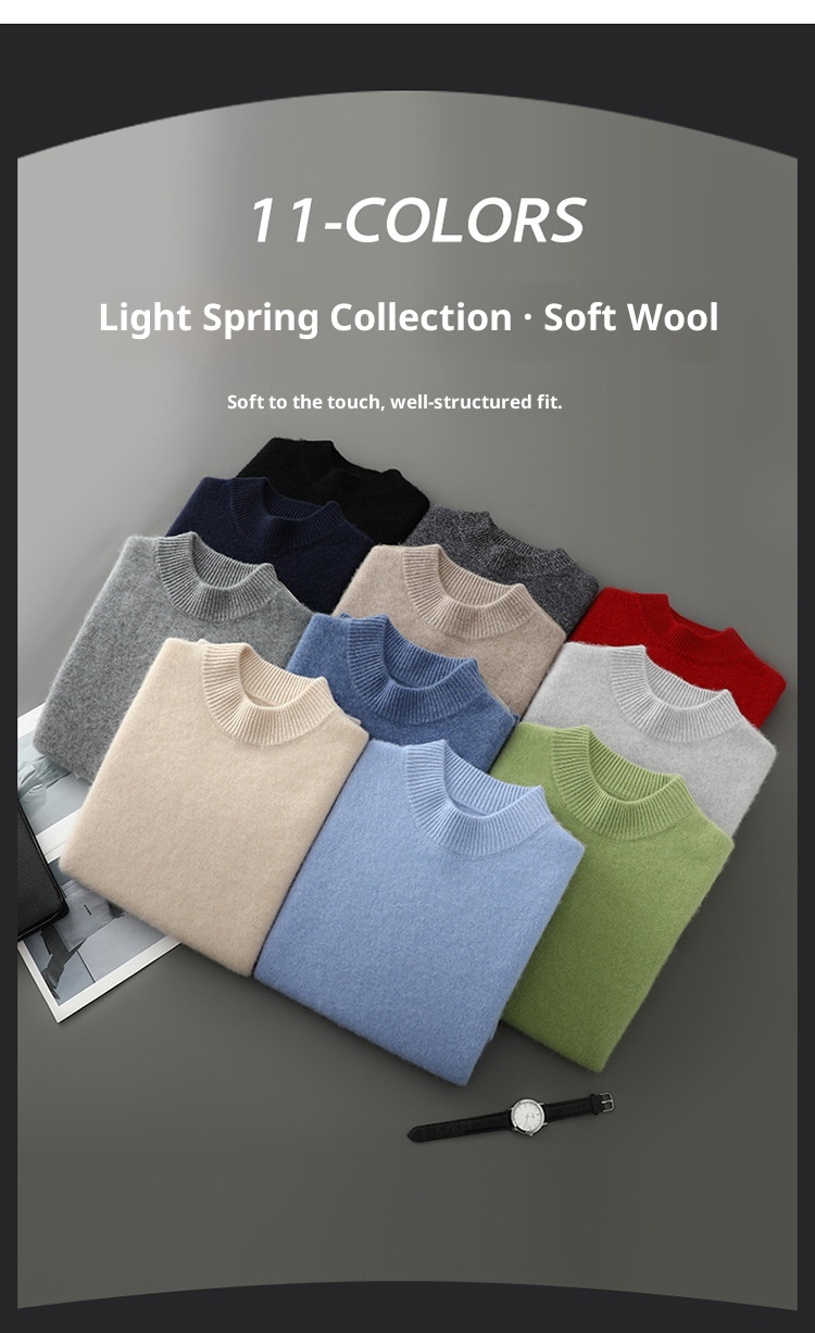 boy Boy Boy 100% Pure Wool Men's Half Turtleneck Thickened Solid Color Sweater Business Casual Loose Knitted Base Shirt Top_voghion.com