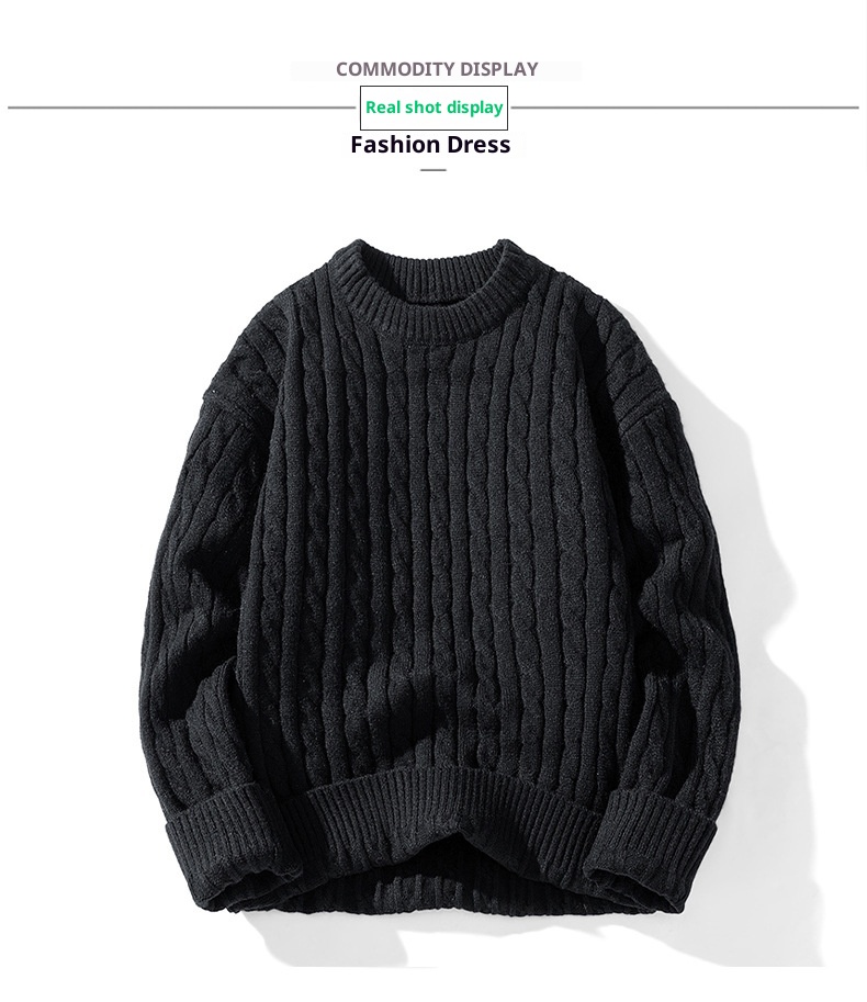 ragazzo ragazzo ragazzo con fodera in pile, nuova maglia base autunnale e invernale, maglione lavorato a maglia con trecce intrecciate a scollo rotondo, maglione lavorato a maglia da uomo_voghion.com