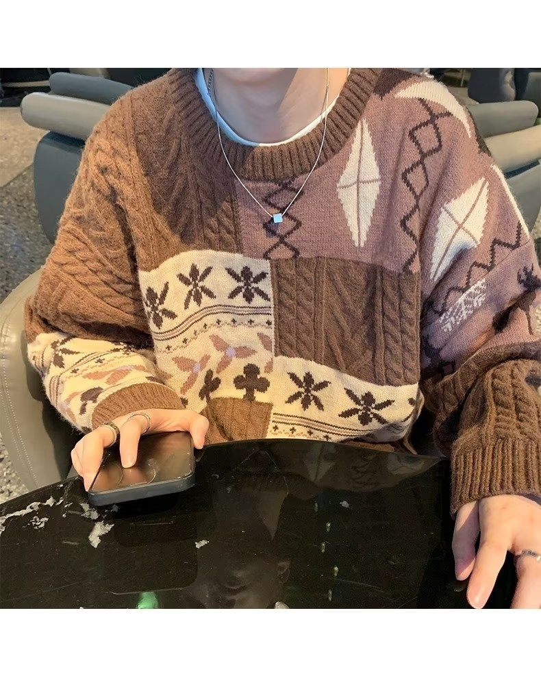 Pull cardigan style rétro américain pour homme, tendance hiver, ample et décontracté, patchwork, color block, maille torsadée_voghion.com