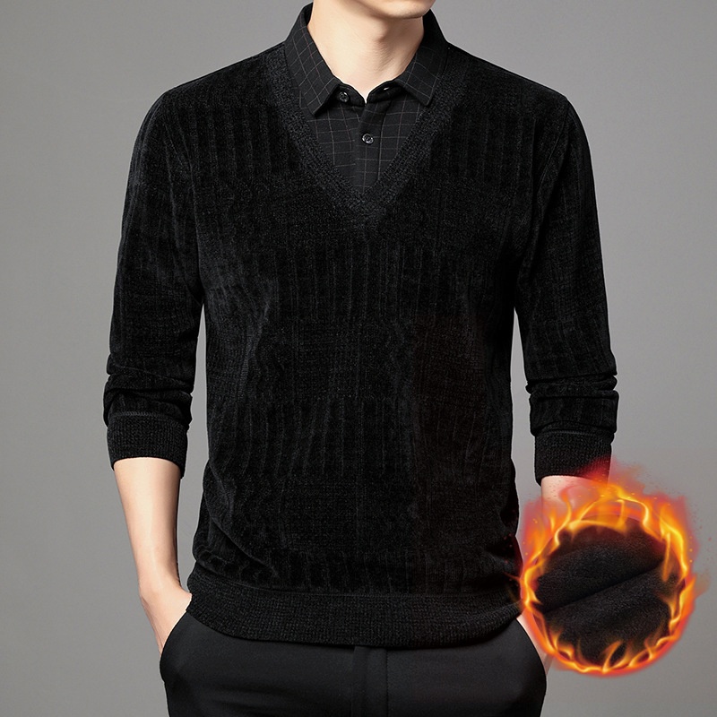 Maglione polo da uomo in pile di ciniglia spesso, due pezzi, autunno inverno, casual, con colletto rovesciato_voghion.com