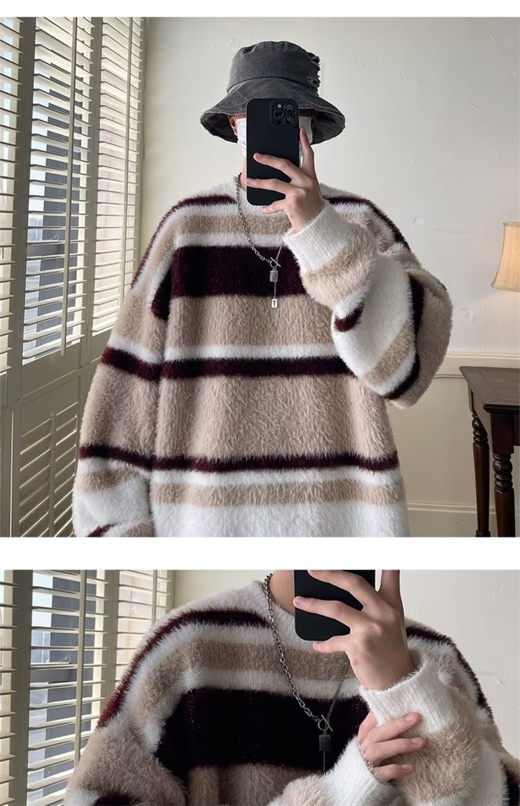 boy Boy Boy Soft Cozy Color-Block Striped Sweater For Men, New Autumn And Winter Round Neck Inner Layer, Warm Loose Base Knit Top_voghion.com