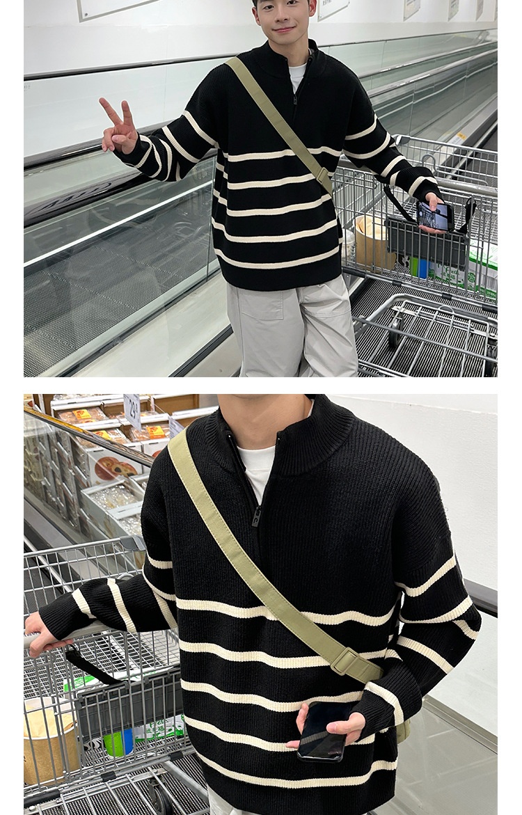 boy Boy Boy 2025 New Tendy Band Half Tutleneck Zippe Striped Sweatshirt Men, Loose Pullove Knitted Base Shit Fo Autumn And_voghion.com