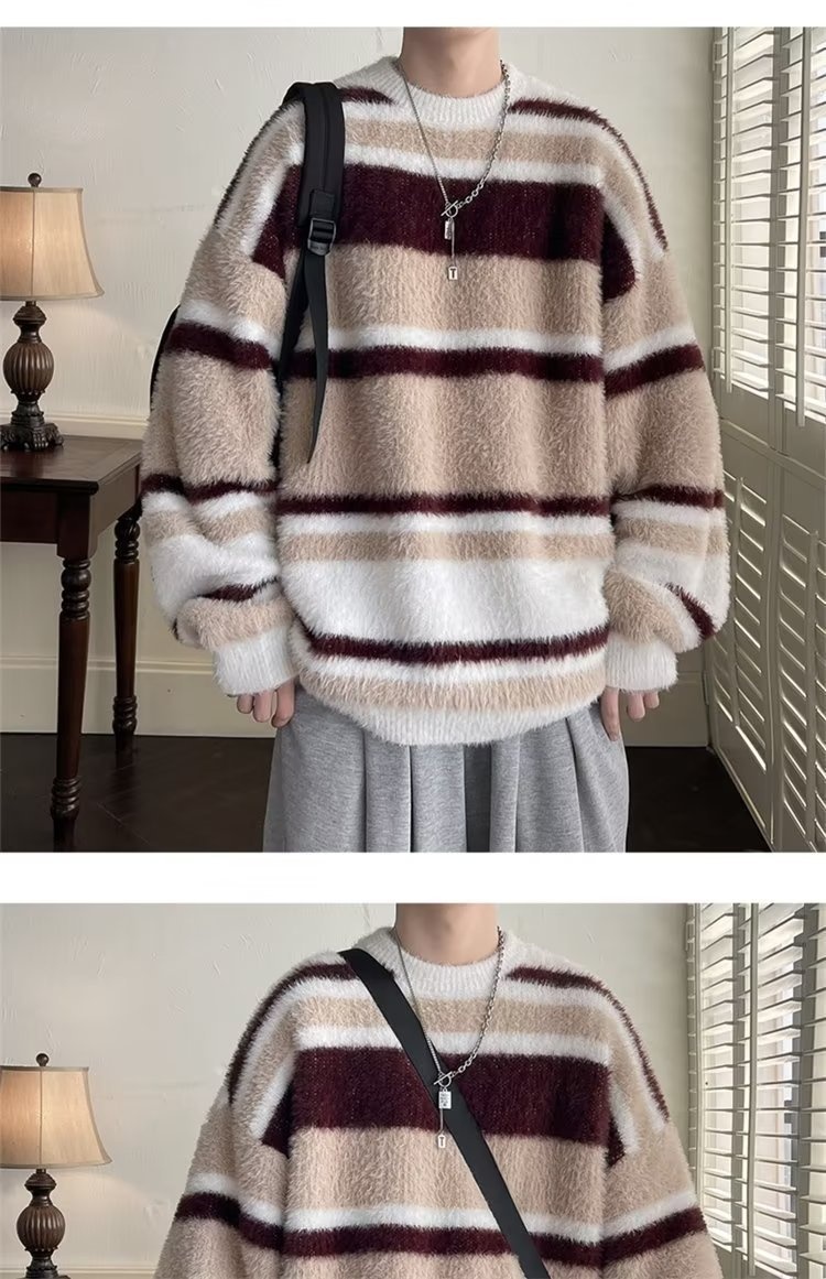boy Boy Boy Soft Cozy Color-Block Striped Sweater For Men, New Autumn And Winter Round Neck Inner Layer, Warm Loose Base Knit Top_voghion.com