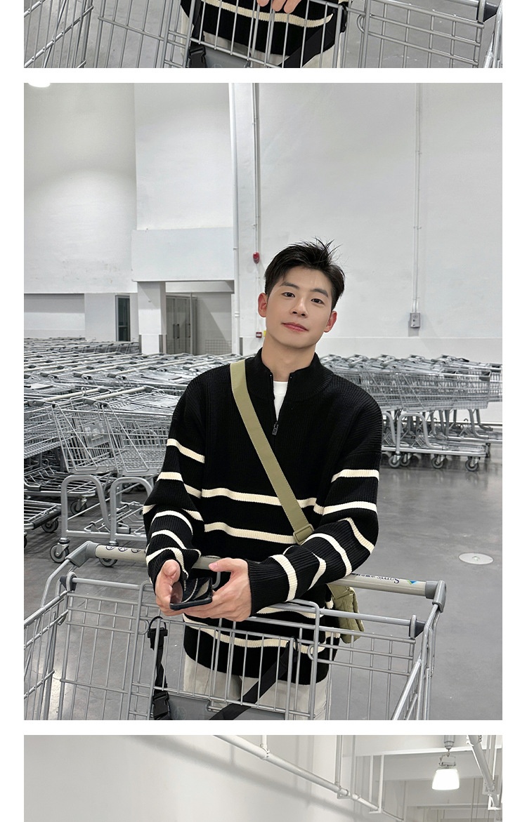 boy Boy Boy 2025 New Tendy Band Half Tutleneck Zippe Striped Sweatshirt Men, Loose Pullove Knitted Base Shit Fo Autumn And_voghion.com