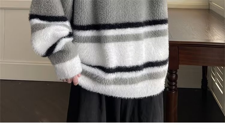 boy Boy Boy Soft Cozy Color-Block Striped Sweater For Men, New Autumn And Winter Round Neck Inner Layer, Warm Loose Base Knit Top_voghion.com