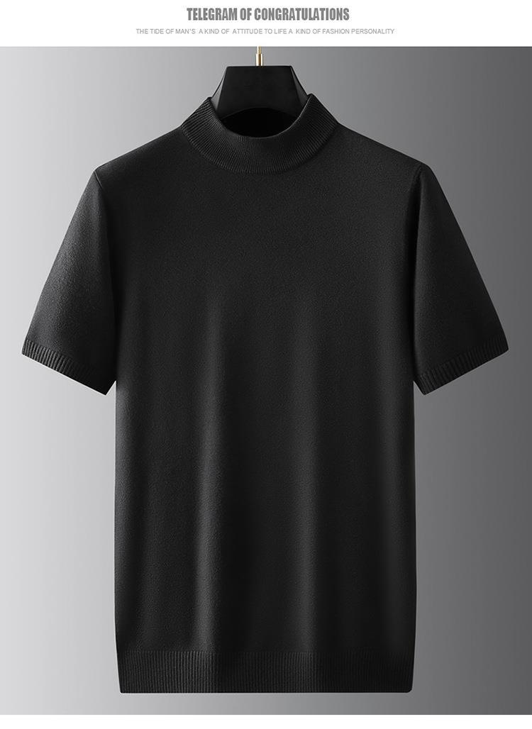 boy Boy Boy Turtleneck Men Half Sweater Solid Color Plus Size Fat Man Autumn Thin T-Shirt Short Sleeve Knitted Shirt_voghion.com