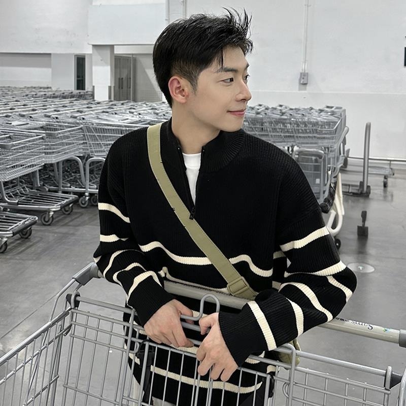 boy Boy Boy 2025 New Tendy Band Half Tutleneck Zippe Striped Sweatshirt Men, Loose Pullove Knitted Base Shit Fo Autumn And_voghion.com