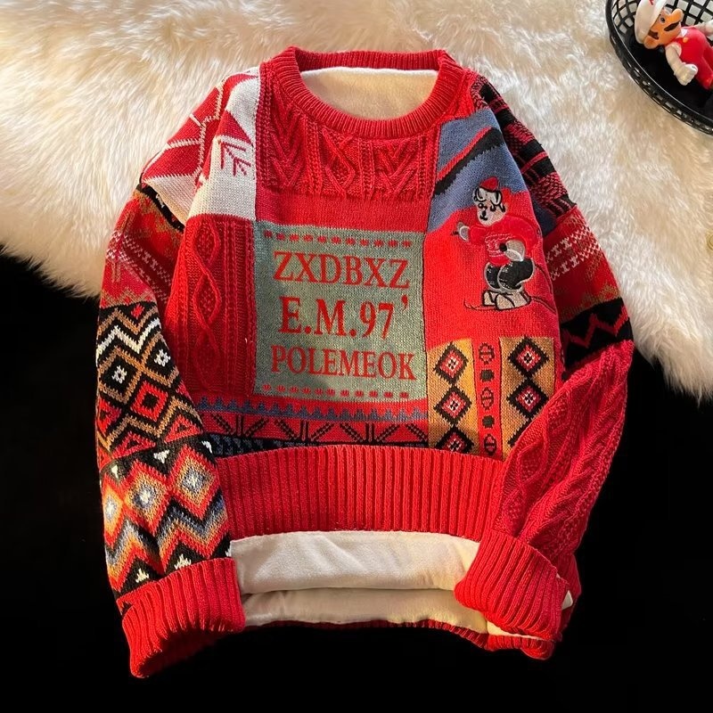 boy Boy Boy Heavyweight Fleece-Lined Thick For Men Winter Trendy Loose Lazy Style Christmas Knitted Sweater Couple Outfit Cardigan_voghion.com