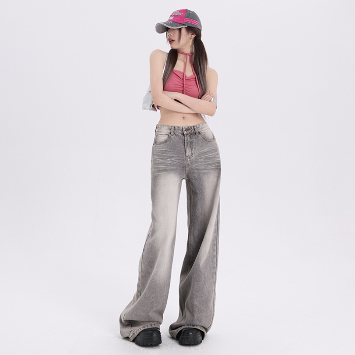 ChicShe Featured Moment Early Autumn New Gray Loose Versatile Trendy American Style Straight Wide-Leg Denim Jeans Long Pants For_voghion.com