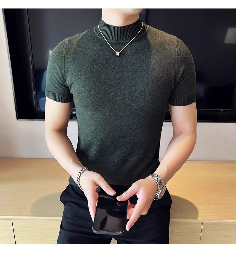 boy Boy Boy Autumn Winter Knit Short Turtleneck Slim Fit Inner Sweater Men's Half Sleeve Base Shirt Solid Color Warm Top_voghion.com